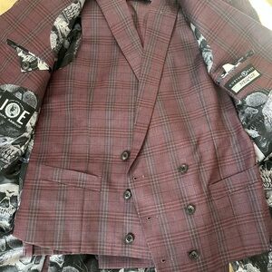 Men's custom Plaid 3 piece suit in Burgundy by Joseph Abboud